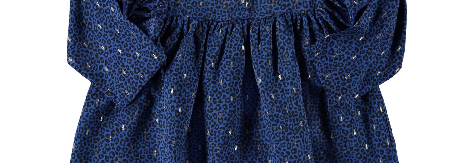 short dress w/ frills on shoulders | indigo animal print w/ golden lurex