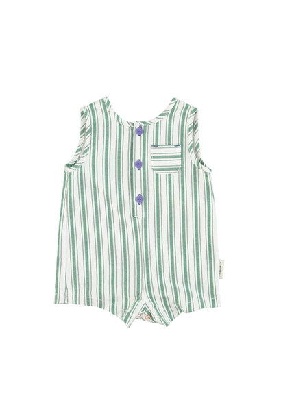 Baby Short Jumpsuit - White W/ Large Green Stripes