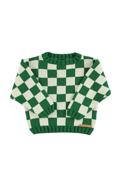 Knitted Sweater - Ecru & Green Checkered