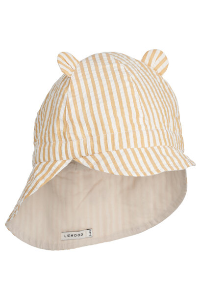 Gorm Reversible Seersucker Sun Hat With Ears - Y/D stripe: Yellow Mellow / Creme de la Creme