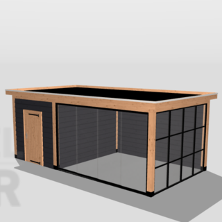 Overkapping met schuur en glazen schuifwand - 650x300cm