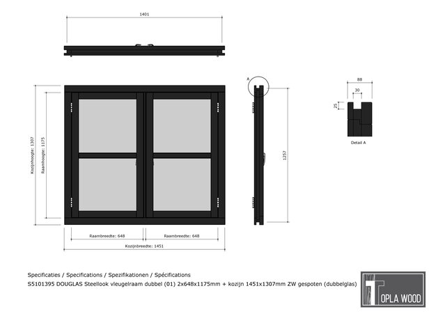 Douglas Steellook Vleugelraam dubbel 145x131cm Zwart gespoten (incl. glas)