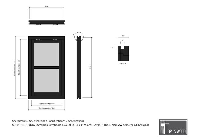 Douglas Verticaal Steellook Uitzetraam 78x131cm enkel Zwart gespoten (incl. glas) Douglas Verticaal Steellook Uitzetraam 78x131cm enkel Zwart gespoten (incl. glas)