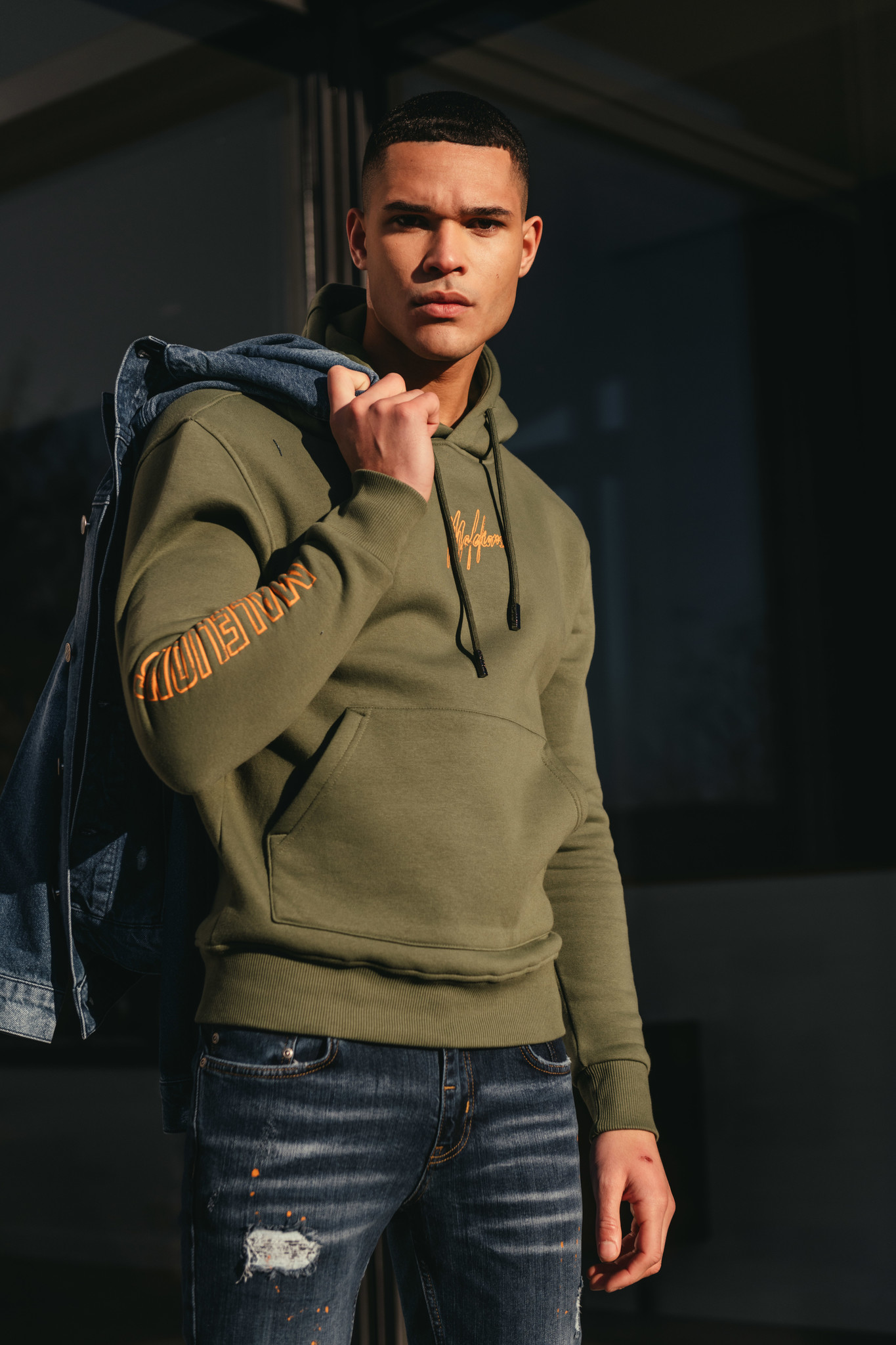 Malelions Men Stained Hoodie -Army/Orange - Malelions