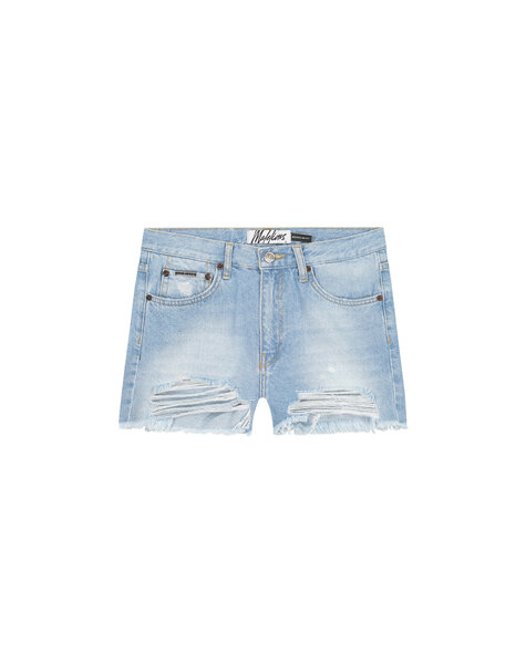 Women Damaged Denim Shorts - Light Blue