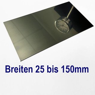 Versandmetall dunne plaat Roestvrij Staal 1.4301 Plaatmaterial gesneden op Maat Breedte 25 - 150 mm, Lengte 2500 mm, oppervlakke glanzend/spiegelnde