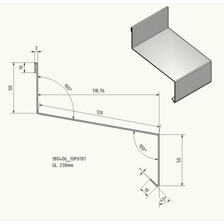 Versandmetall Traufblech roestvrij staal 1.4301 buiten K320 50/120/50, 1.0mm patroonlengte 100mm, lengtes 1000, 1500 2000mm