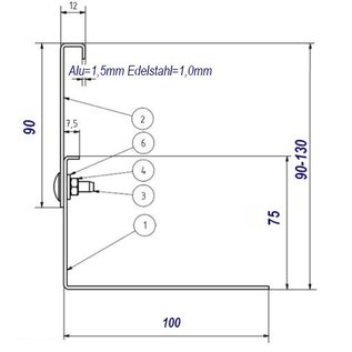 Versandmetall Arrêt de gravier réglable en hauteur en aluminium 1.4301 hauteur 90-130mm - bord à 90°