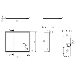 Versandmetall -Edelstahl Duschwanne, Duschtasse, James Cook { R3A-BE52986_10P0101 } 1,5mm, INNEN  Schliff K320, Tiefe 643 (670) mm, Breite  783 (810) mm, 1  Ablaufbohrungen, Höhe50mm