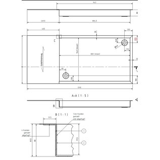 Versandmetall Edelstahl Duschwanne, 2-teilig { R4A }, Materialstärke 1,5mm, INNEN  Schliff K320, Maße 884,5x543mm (zzgl 30mm Rand), Höhe 80mm , 2 Ablaufbohrungen