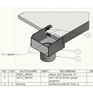 Versandmetall Gouttière pour toit en verre 13 mm et 18 mm, évacuation spéciale - embout avec buse d'évacuation d = 60,3 mm - en acier inoxydable 1.4301, extérieur poncé K320