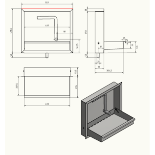 Versandmetall Opklapbare wastafel van roestvrij staal, 490x300 mm, 2-delig, materiaaldikte 1,5 mm, buitenkant wastafel geborsteld, binnenkant kraan geborsteld K320 (exclusief kraan)