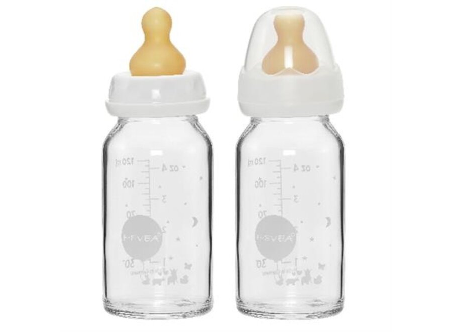 Hevea 2p 120ml glazen drinkfles  0-3m