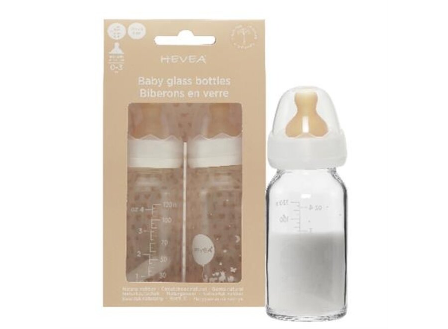 Hevea 2p 120ml glazen drinkfles  0-3m