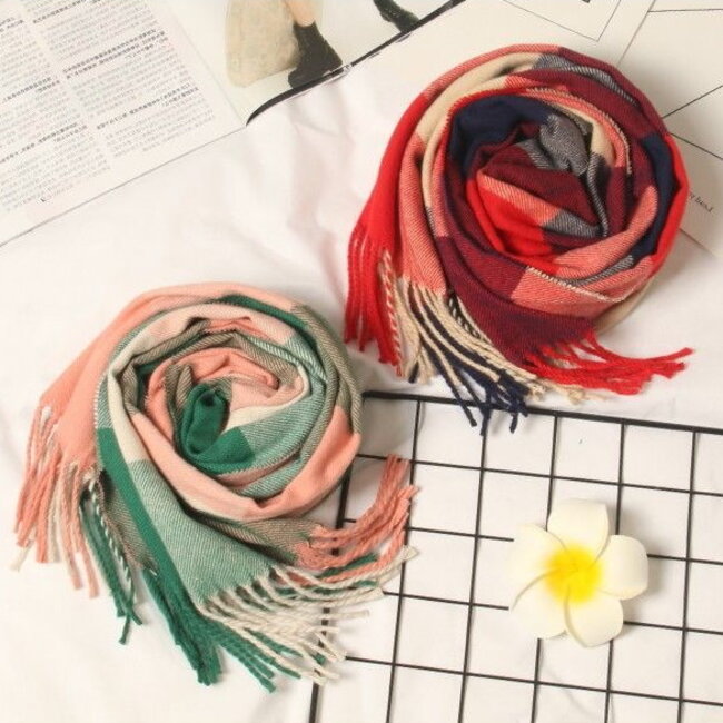 Ruit Sjaal - Groen/Oudroze/Beige | 170 x 30 cm | Polyester