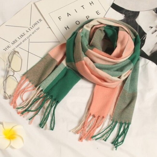 Ruit Sjaal - Groen/Oudroze/Beige | 170 x 30 cm | Polyester