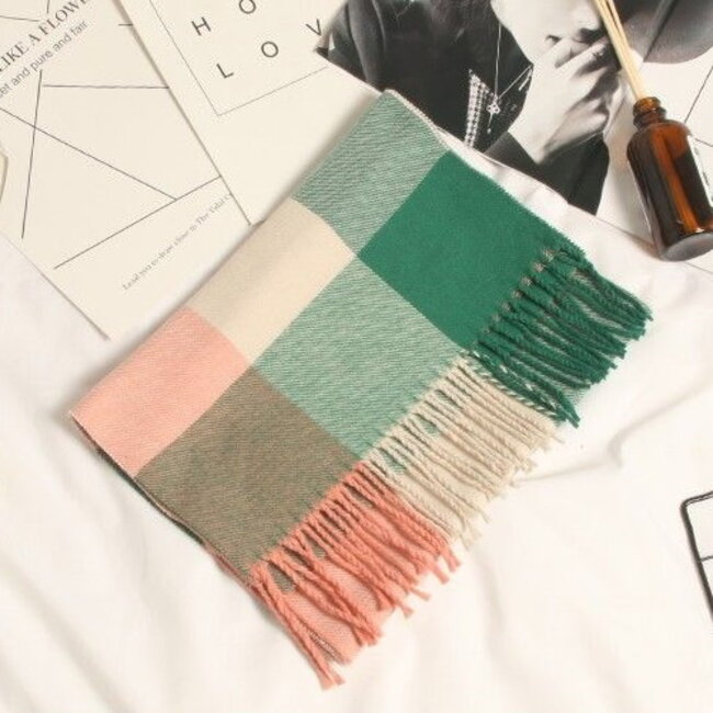 Ruit Sjaal - Groen/Oudroze/Beige | 170 x 30 cm | Polyester