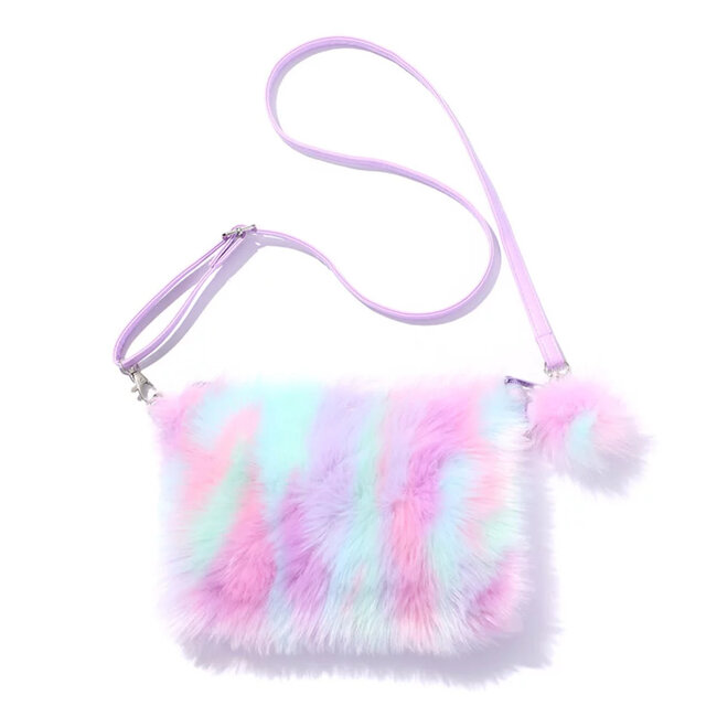 Fashion Favorite Regenboog Fluffy Tasje - Paars/Groen | 22 x 16 cm | Polyester / Acryl