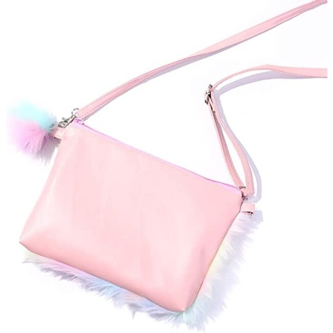 Regenboog Fluffy Tasje - Groen/Geel | 22 x 16 cm | Polyester / Acryl