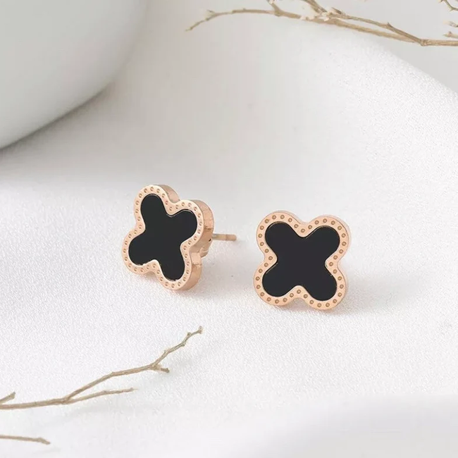 Clover Oorbellen - Zwart/Rosegoud| Stainless Steel