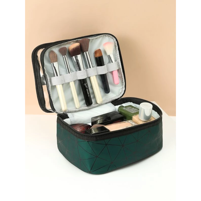 Toilettas Geometric Groen | Dubbellaags | Kunstleer | 23,5 x 16,5 x 14 cm