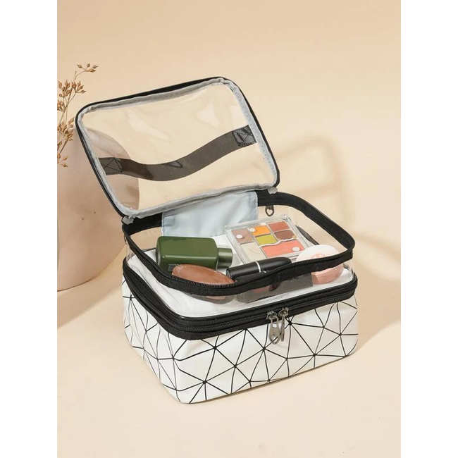 Toilettas Geometric Zilver | Dubbellaags | Kunstleer | 23,5 x 16,5 x 14 cm