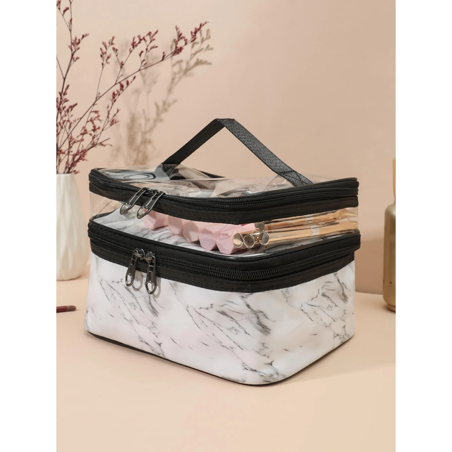 Toilettas Marmer Wit | Dubbellaags | Kunstleer | 23,5 x 16,5 x 14 cm