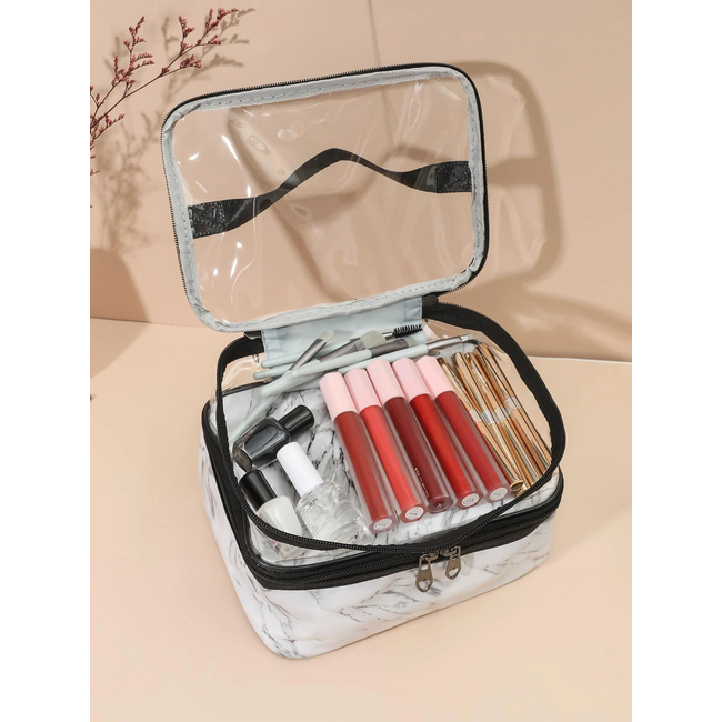 Toilettas Marmer Wit | Dubbellaags | Kunstleer | 23,5 x 16,5 x 14 cm