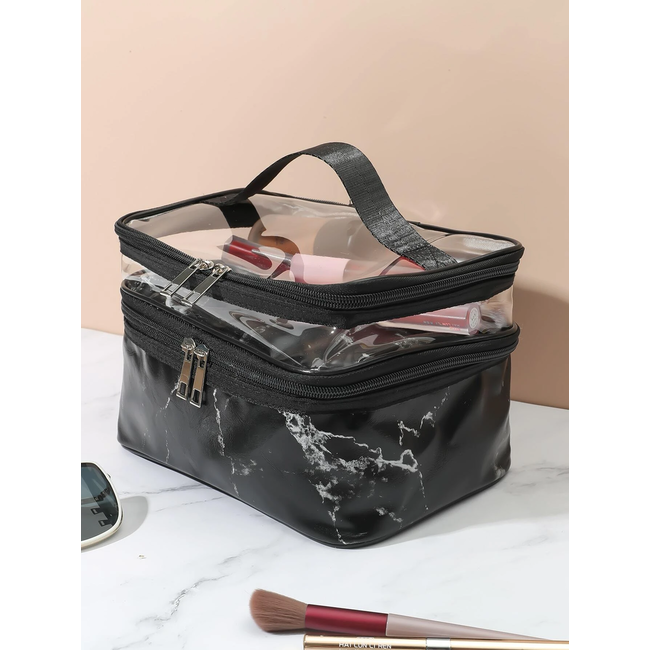 Toilettas Marmer Zwart | Dubbellaags | Kunstleer | 23,5 x 16,5 x 14 cm