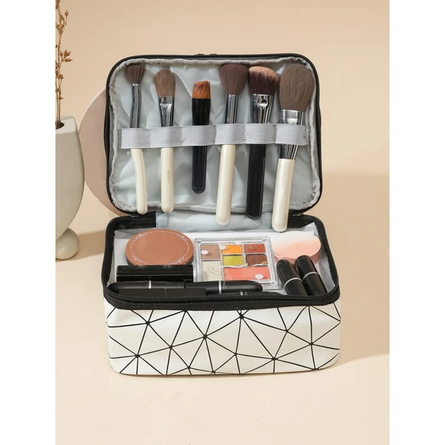 Toilettas Geometric Wit | Dubbellaags | Kunstleer | 23,5 x 16,5 x 14 cm