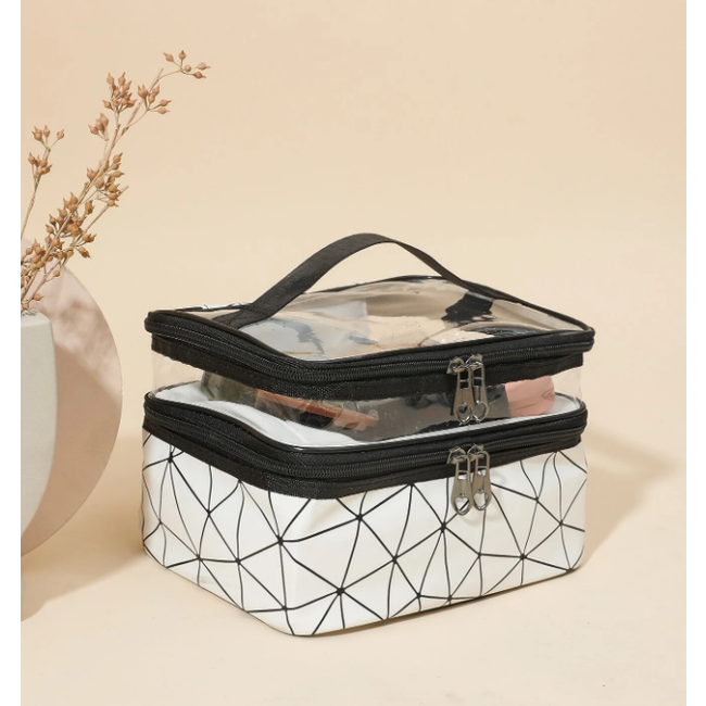 Toilettas Geometric Wit | Dubbellaags | Kunstleer | 23,5 x 16,5 x 14 cm