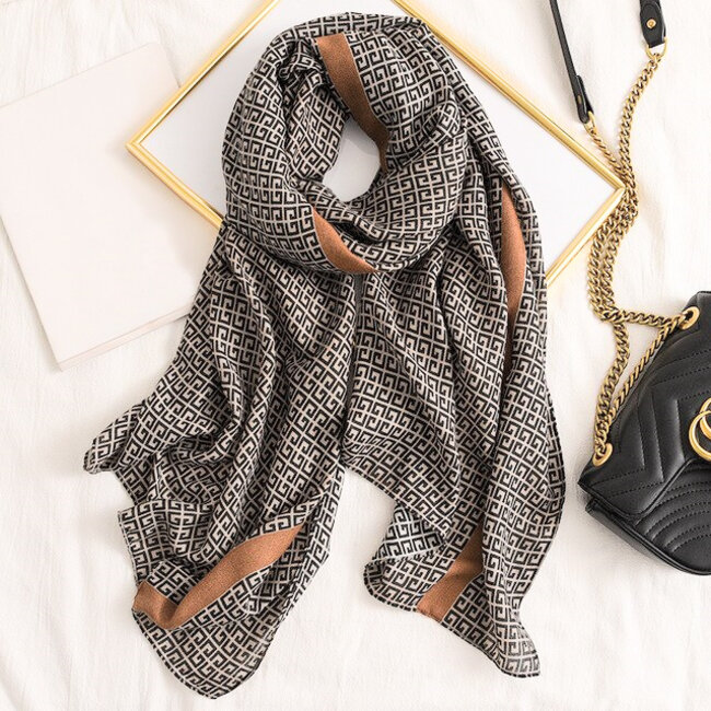 Sjaal Kyana- Zwart /Creme/Bruin | Viscose | 180 x 90 cm