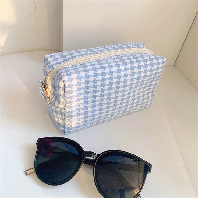 Pied De Poule / Toilettas - Blauw/Wit | 18 x 10 x 10 cm | Fashion Favorite