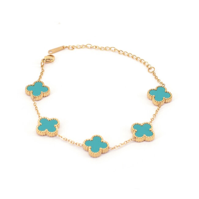 Fashion Favorite Clover Armband - Turquoise/Goud | Stainless Steel | 21,5 cm
