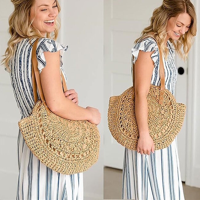 Ibiza Strandtas - Creme | Schoudertas | Rotan / Polyester | 47x42 cm