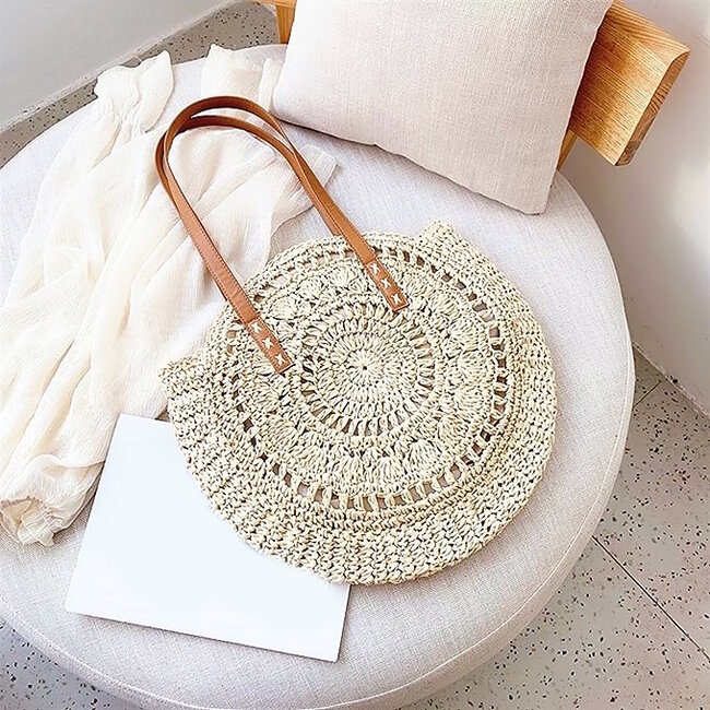 Ibiza Strandtas - Creme | Schoudertas | Rotan / Polyester | 47x42 cm