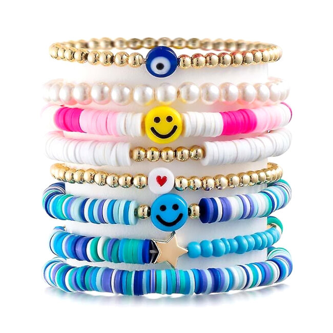 Smiley Armbanden Set - Blauw | 8- delig | Fashion Favorite
