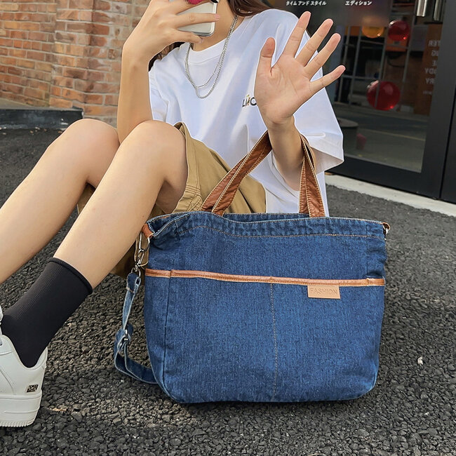 Denim Schoudertas - Donkerblauw | 36 x 33 x 18 cm | Katoen