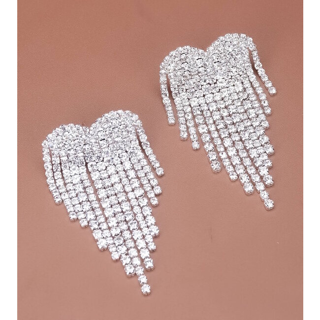 Heart Strass Oorhangers - Zilverkleurig | 5,5 x 3 cm | Staal