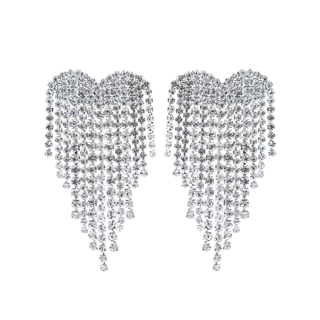 Heart Strass Oorhangers - Zilverkleurig | 5,5 x 3 cm | Staal
