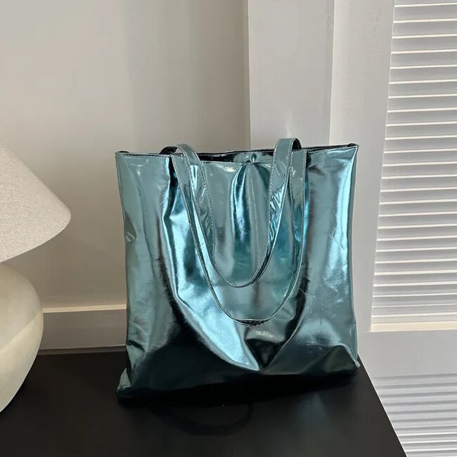 Metallic Shopper - Blauw | 38 x 36,5 cm | Schoudertas | PU Leer