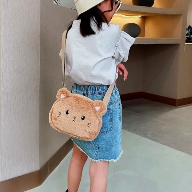 Fluffy Tasje - Poes  Beige/Bruin | 20 x 15 x 6 cm | Polyester / Acryl