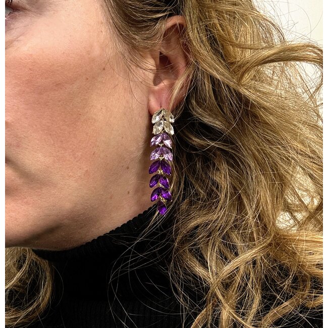 Strass Leaf Oorhangers - Paars | 6,5 x 1,9 cm | Zirkonia / Bijoux