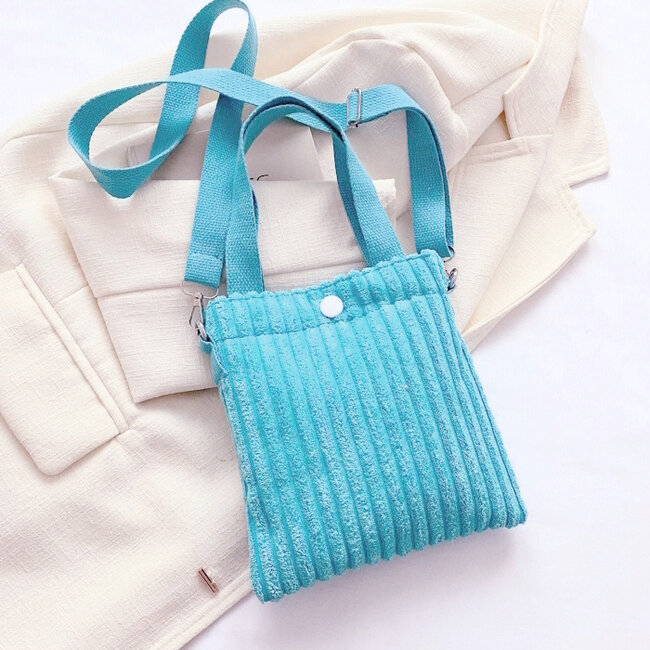 Mini Schoudertas - Corduroy Blauw | Ribfluweel | 20,5 x 19 x 0.5 cm
