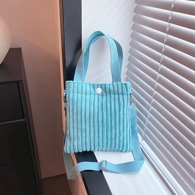 Mini Schoudertas - Corduroy Blauw | Ribfluweel | 20,5 x 19 x 0.5 cm