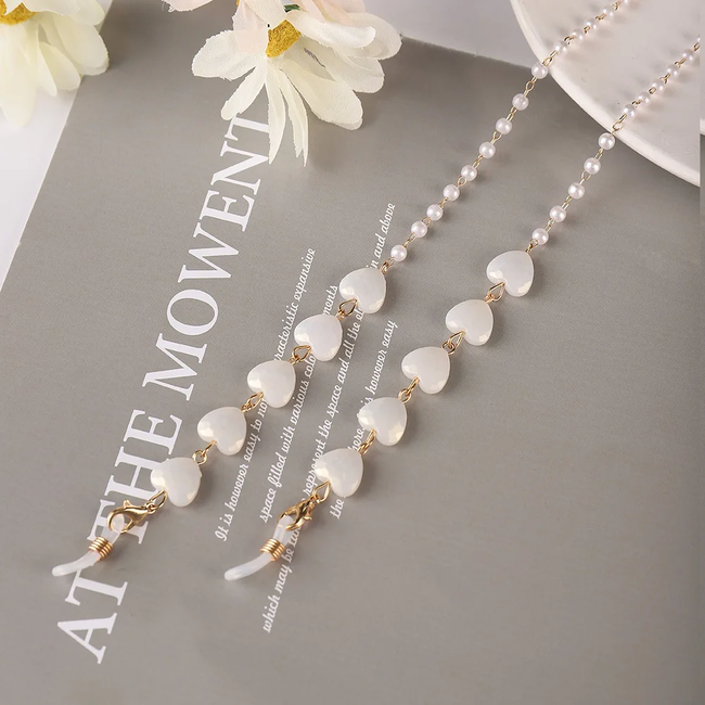 Brillenkoord - Parel/Hartje Creme | Zonnebril Ketting | 68 cm