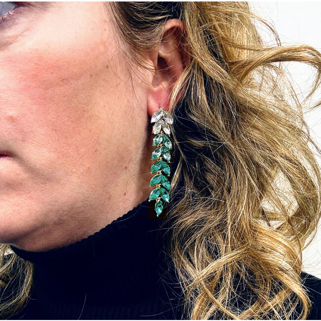 Strass Leaf Oorhangers - Groen | 6,5 x 1,9 cm | Zirkonia / Bijoux