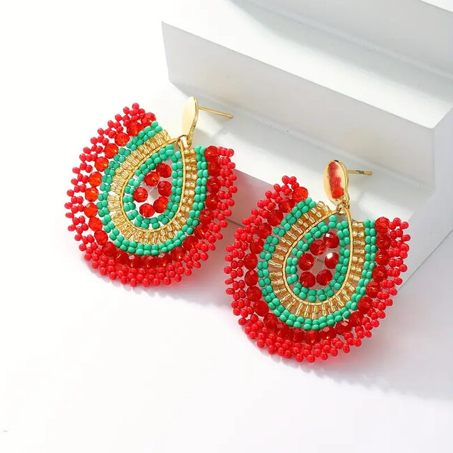 Lara Dangle Oorbellen - Rood/Groen | 4,5 x 5 cm