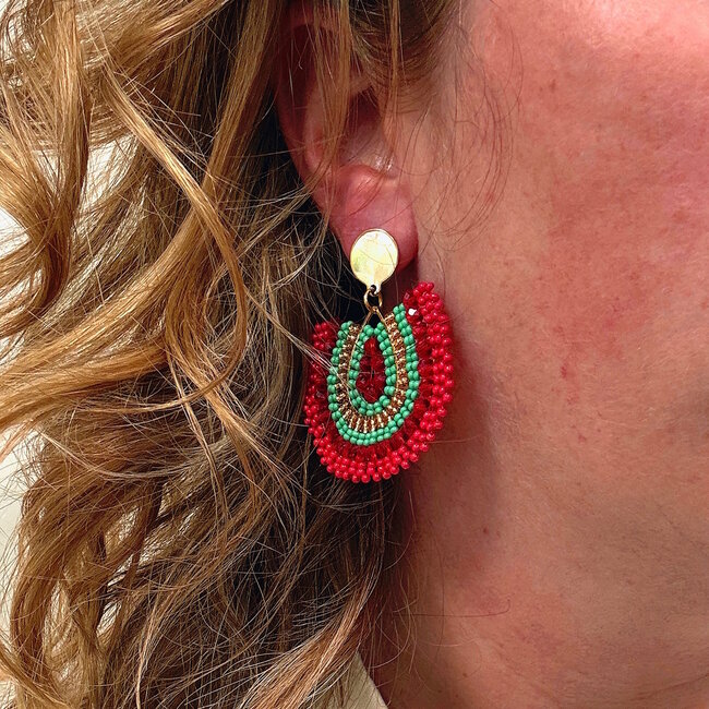 Lara Dangle Oorbellen - Rood/Groen | 4,5 x 5 cm