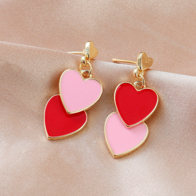 Double Hearts Oorbellen - Roze/Rood | 2,9 x 1,2 cm